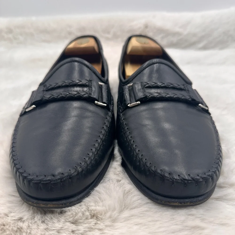SANTONI Men’s Woven Leather Loafer Size 11 D Black braided‎ dress shoes